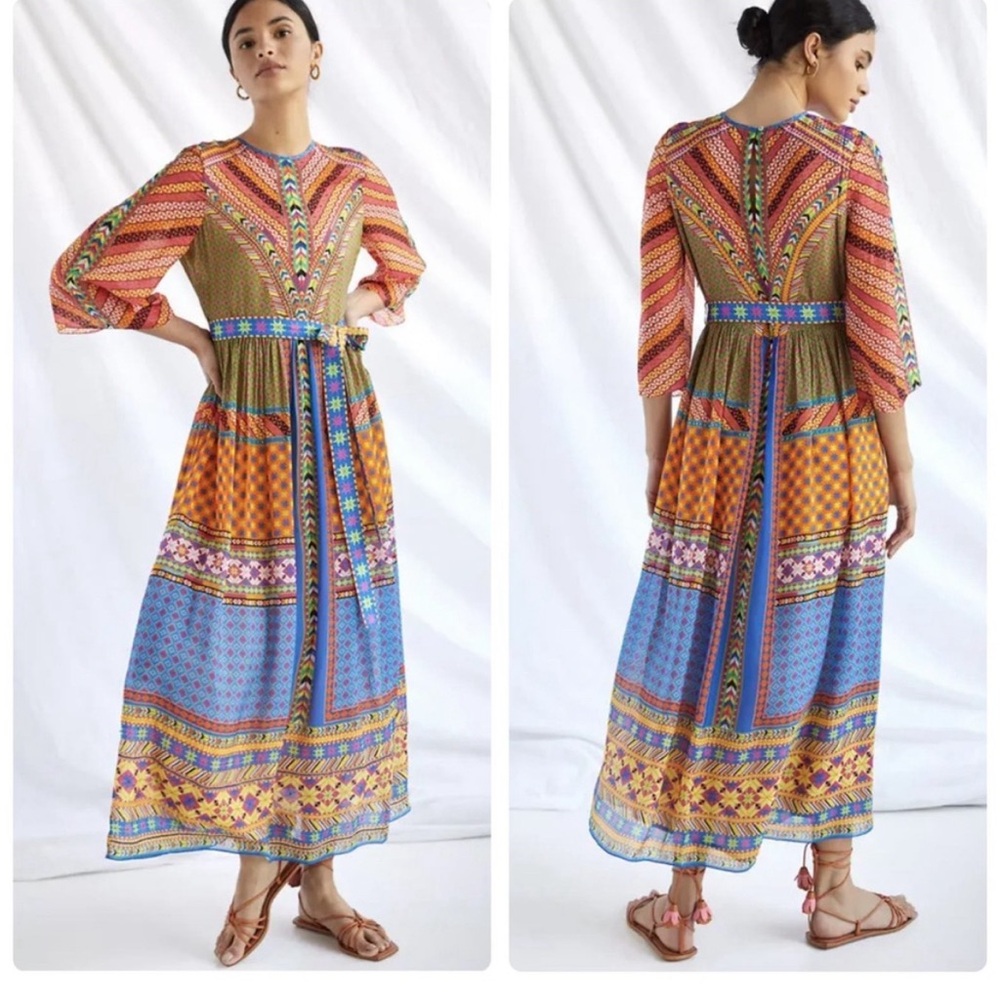 Anthropologie Tanvi Kedia Womens Abstract Puff Sleeved Maxi Dress Size XS NWT